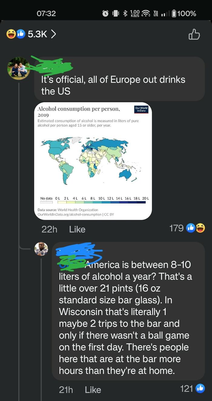 Social media comments on alcohol consumption stats, featuring a map showing Europe compared to the US.