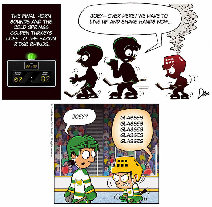 Planey Joey comic: hockey players confused after game ends, searching for glasses on the ice rink.