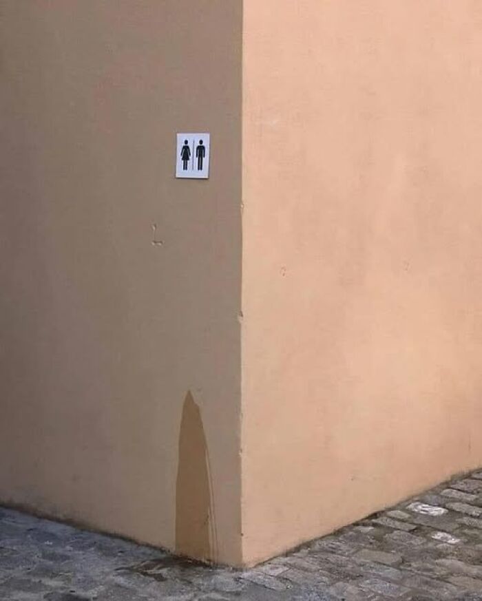 Weird image of a corner wall with a restroom sign above a wet stain on the side, creating an unusual visual effect.
