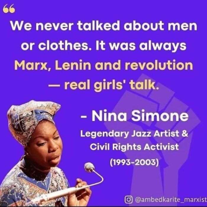 Nina Simone discussing Marx and revolution, highlighting anti-capitalism views with a purple background.