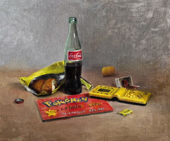 Oil painting depicting Eastern Europe's collective nostalgia with vintage items like a glass Coca-Cola bottle and cards.