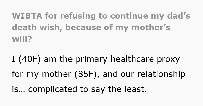 Text discusses a woman questioning her actions due to her mother's will and complicated family relationships.