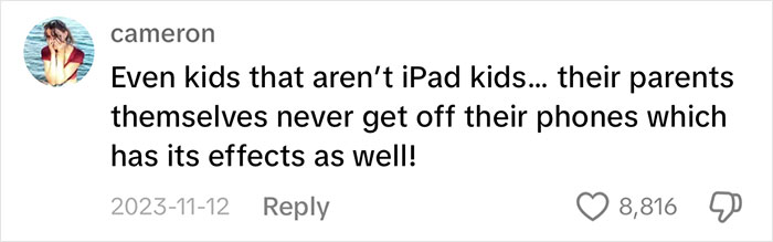 Comment discussing "iPad kids" and parental phone use, highlighting potential effects on children.