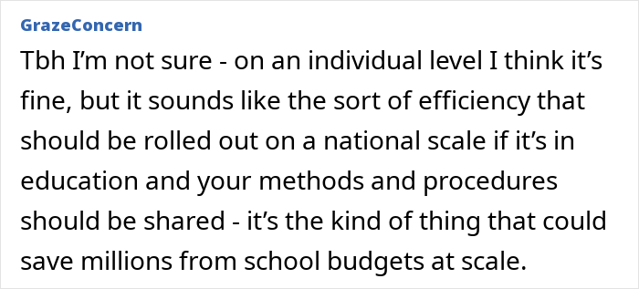 Comment discussing job automation efficiency and its potential impact on school budgets.