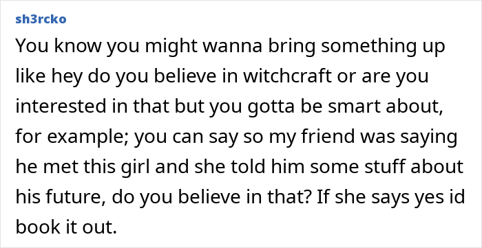 Text advising on how to discuss witchcraft with a girlfriend after finding a creepy box.