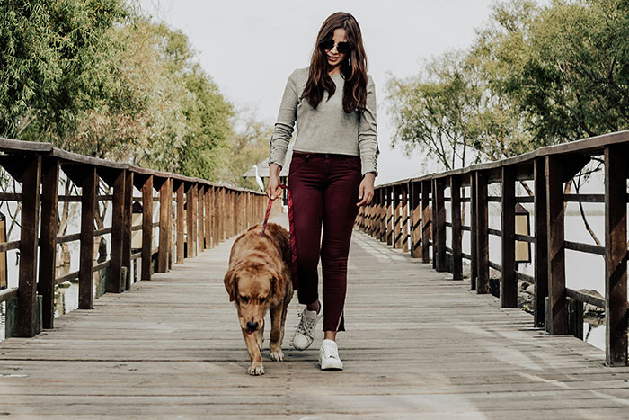 Woman in sunglasses walking a dog on a wooden bridge, exploring safe side hustle ideas.