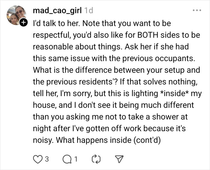 Comment discussing neighbor's complaints about indoor lighting setup, seeking a reasonable solution for both sides.