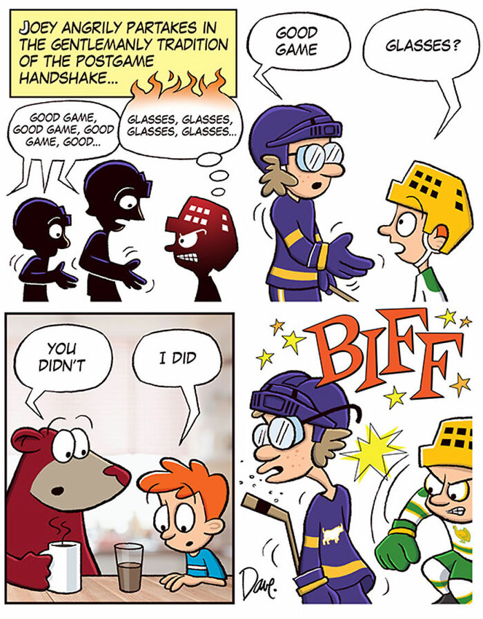 Comic strip featuring Planey Joey playing hockey, shaking hands, and a surprising encounter with another character.