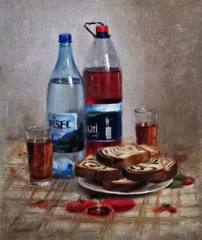 Oil painting depicting Eastern Europe nostalgia with drinks and bread on a table.