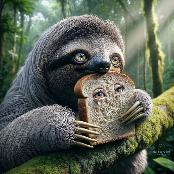 A sloth holding bread with tearful eyes in a forest, illustrating funny native idioms.