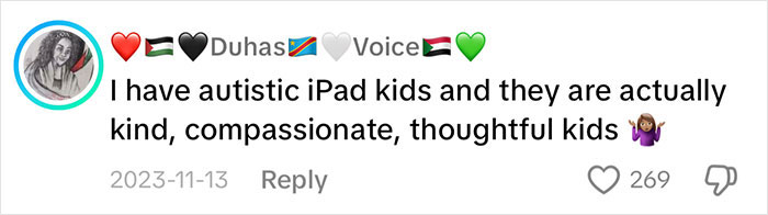 Comment about autistic iPad kids being kind and thoughtful, with 269 likes.