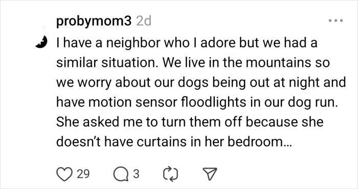Neighbor's complaint about light, a comment discussing motion sensor floodlights and their impact.