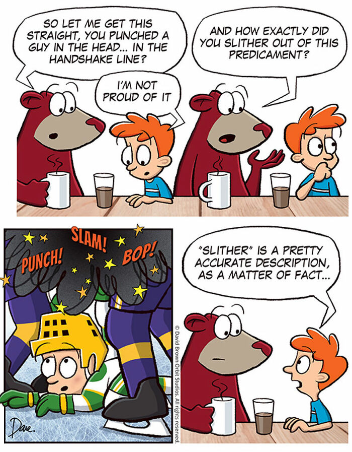 Cartoon of Planey Joey discussing a mishap with a bear, featuring humorous dialogue and an inset action scene.