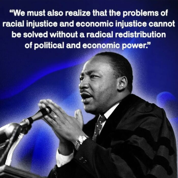 A historical figure speaking passionately against economic injustice with a quote about racial and economic power redistribution.