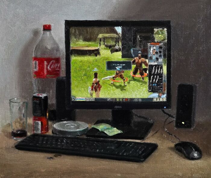 Oil painting of a computer screen displaying a game, capturing Eastern Europe’s collective nostalgia with realistic detail.