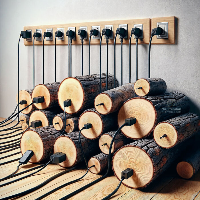 Logs with electrical plugs connected to an outlet, humorously illustrating Lithuanian idioms.