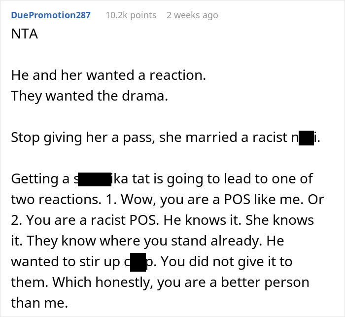 Reddit post discussing the reaction to an offensive tattoo revelation. Reddit post discussing the reaction to an offensive tattoo revelation.