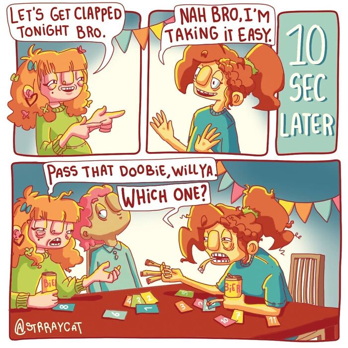 Artist's sarcastic comic strip with friends discussing plans and unexpected twist.