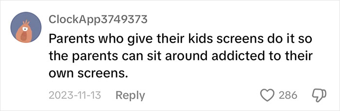 Comment about screen use in children, emphasizing dangers of iPad in parenting, with 286 likes.