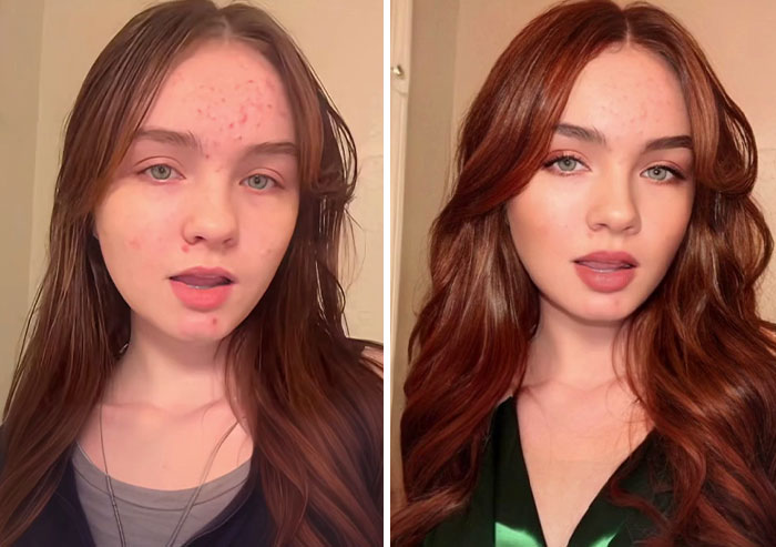 Digital makeover transformation by content creator, showing before and after images of a woman's enhanced appearance.