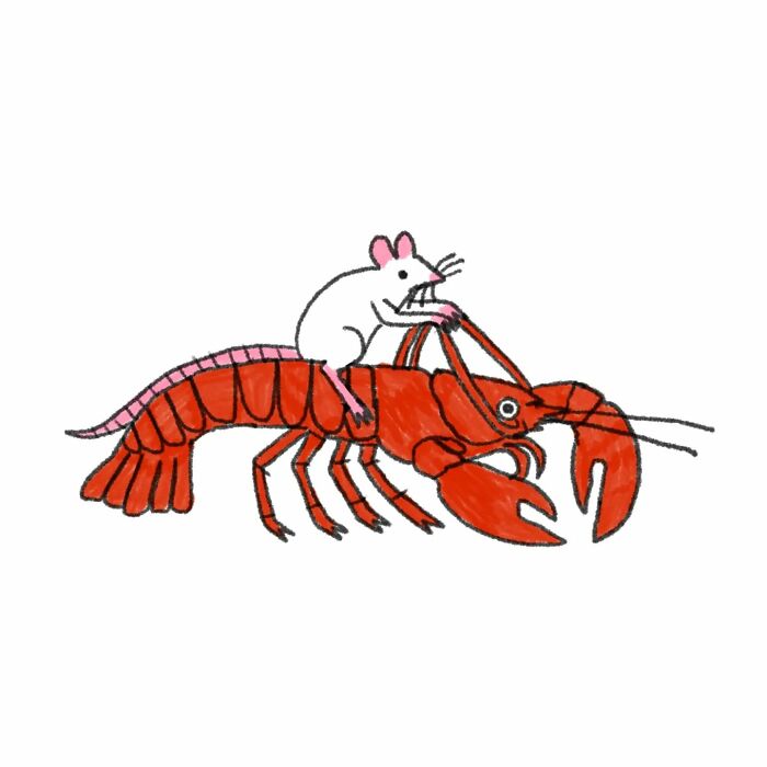 A mouse humorously rides a lobster in a whimsical animal-themed illustration by a tattoo artist.