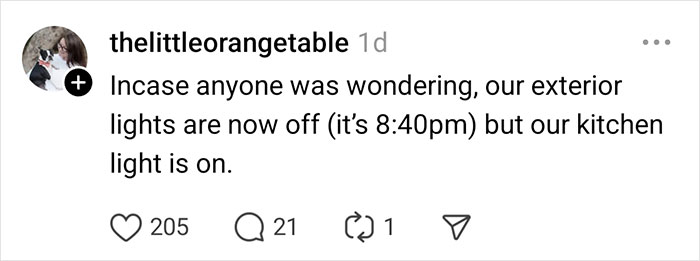 Social media post addressing neighbor's complaints about exterior light.