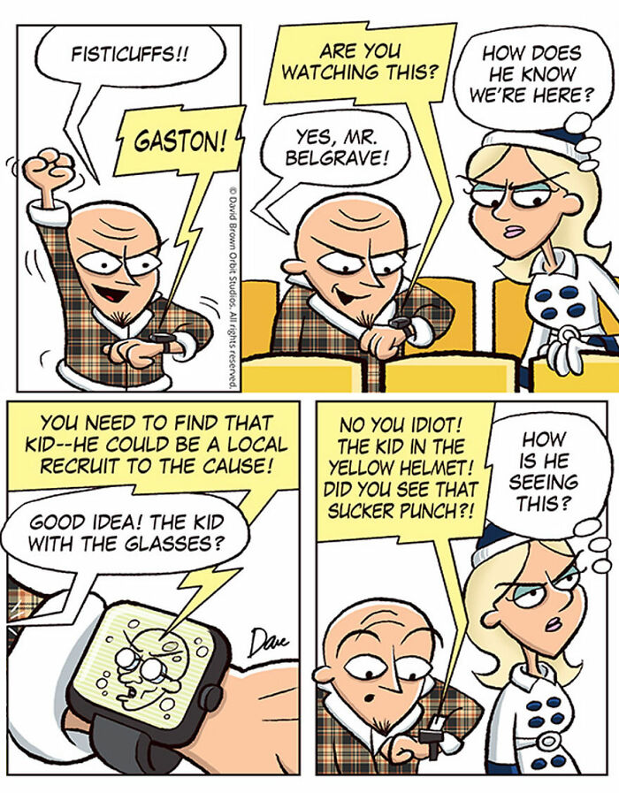 Comic scene featuring characters discussing a kid with Planey Joey on a smartwatch.