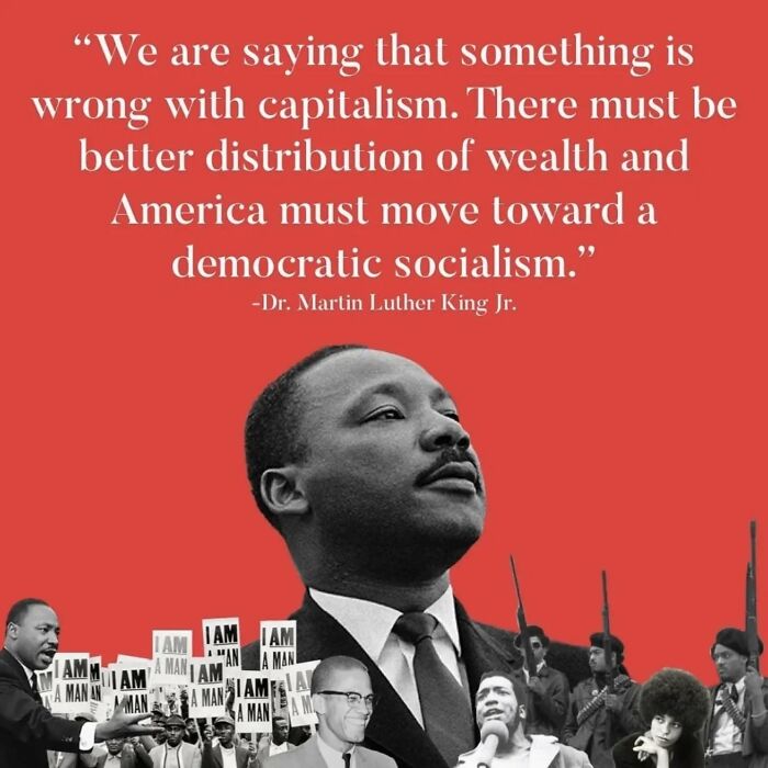 Collage with Martin Luther King Jr. and protest imagery, featuring anti-capitalism quote on socialism.