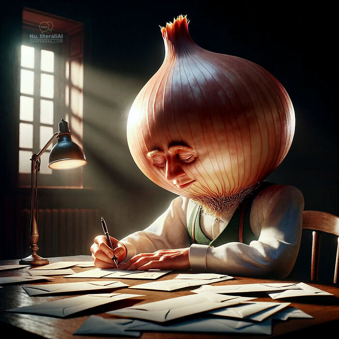 A human figure with an onion head writes at a table, illustrating funny native idioms.