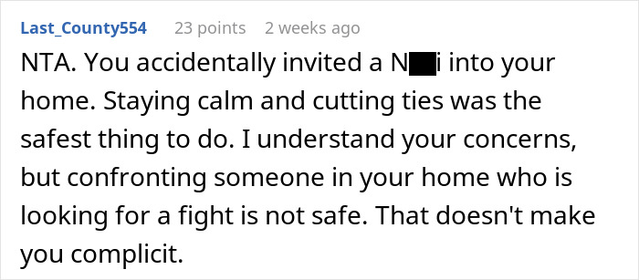 Text comment discussing a response to an offensive tattoo situation, advising calmness and disconnection for safety. Text comment discussing a response to an offensive tattoo situation, advising calmness and disconnection for safety.