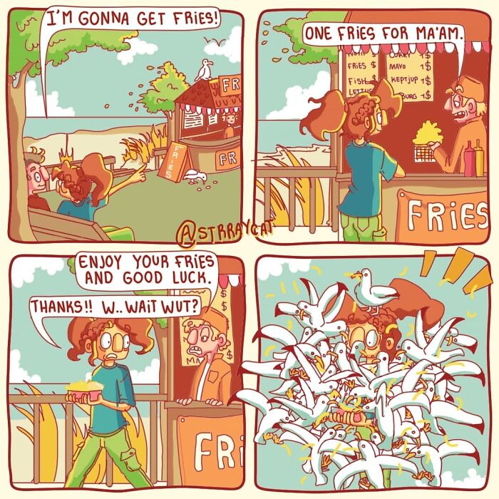 Comic strip featuring sarcastic humor and a woman buying fries, only to be surrounded by seagulls in a surprise twist.