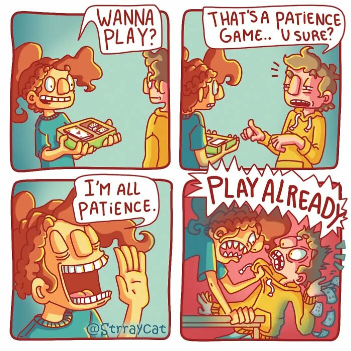 Sarcastic comic with twisted ending featuring a character losing patience during a board game.