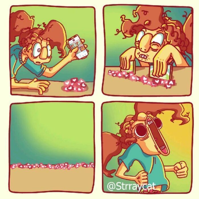 Sarcastic comic showing a character eagerly collecting smartphone likes, ending with a scream.