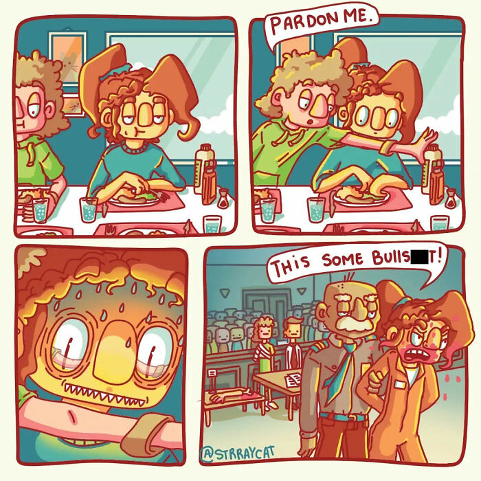 Sarcastic comic with characters in a café, one gets arrested, showing a twisted ending.