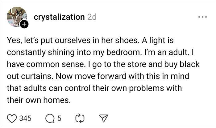 Social media post about neighbors handling light complaints with common sense.