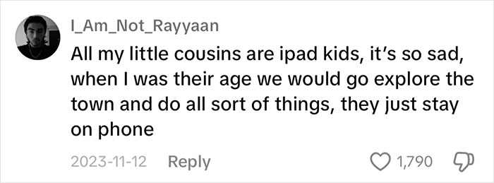 Comment discussing the concept of "iPad kids" and comparing past outdoor activities with current screen time habits.