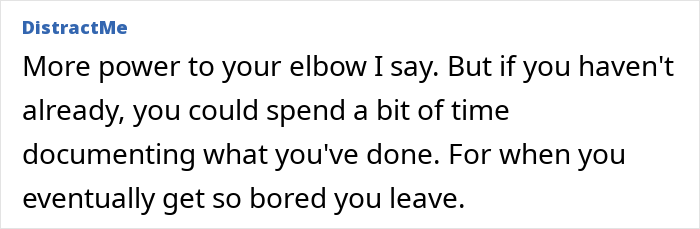 Text from online comment discussing woman automating job, doing nothing 90% of the time.