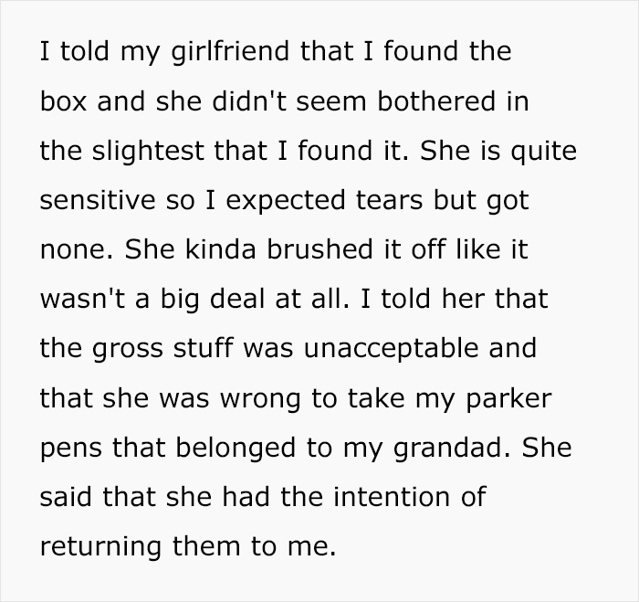 Text describes a man's reaction after finding a creepy box in his girlfriend's wardrobe, discussing her unexpected response.