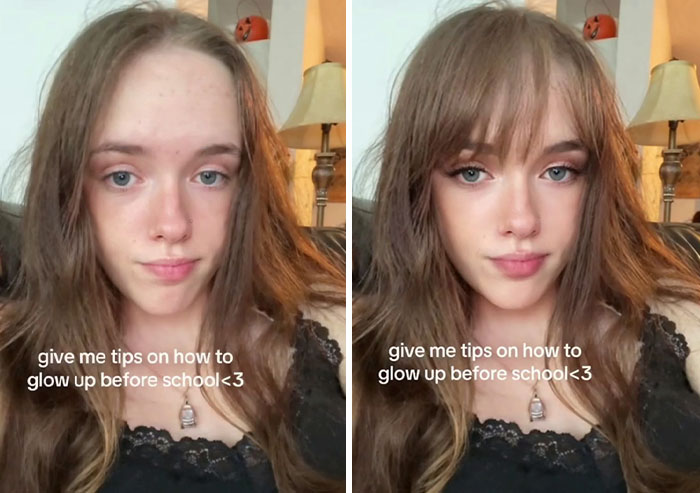 Digital makeover transformation of a young woman, before and after styling, with brunette hair and makeup.