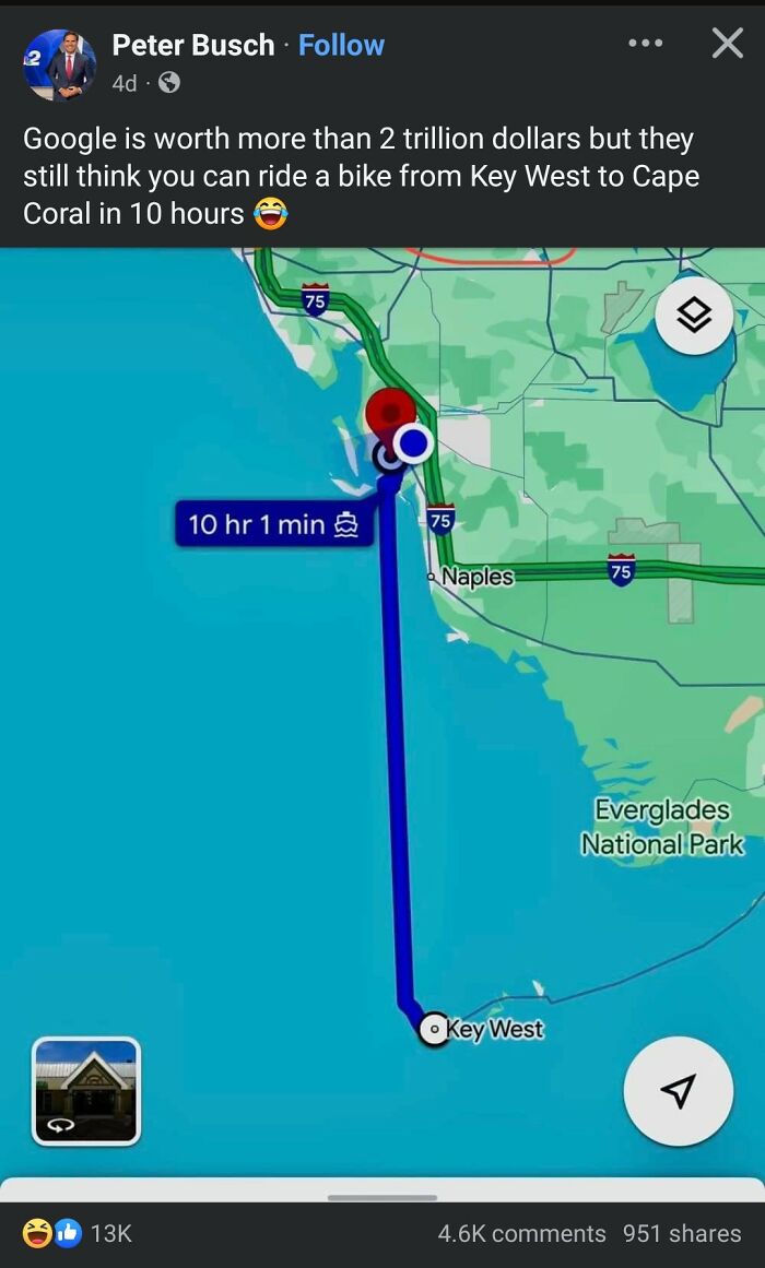 Map showing a route with a 10-hour journey from Key West to Cape Coral, humorously challenging Google's directions.