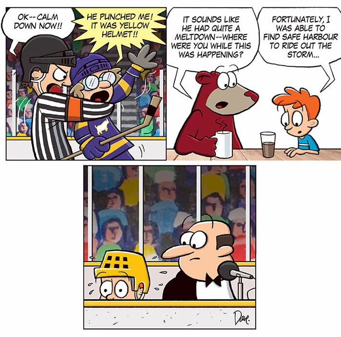 Planey Joey comic strip featuring a hockey brawl, a bear discussing events over coffee, and a hidden player in the penalty box.