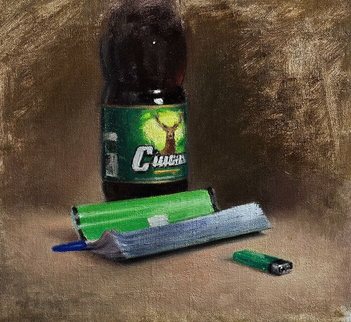 Oil painting of a bottle and green lighter depicting Eastern Europe's collective nostalgia.