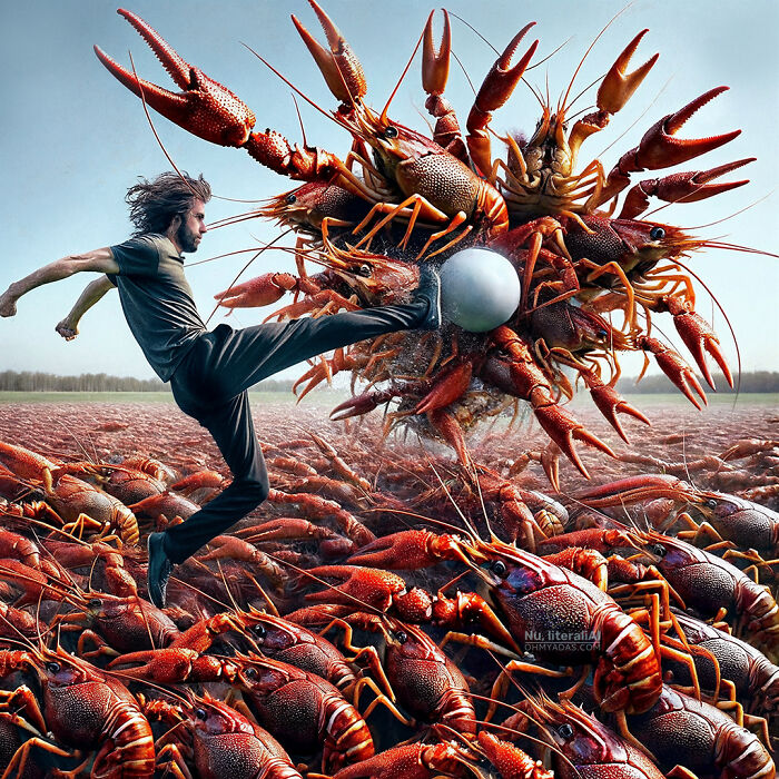 Man kicking a ball towards giant crawfish in a surreal field, representing funny Lithuanian idioms.
