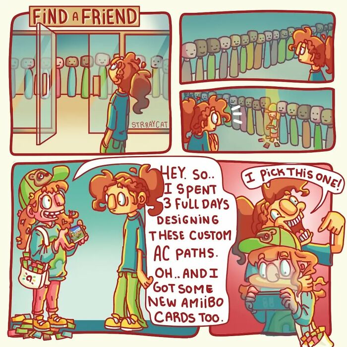 Comic strip by an artist with a sarcastic twist; a girl ponders choosing a friend in a "Find a Friend" store.