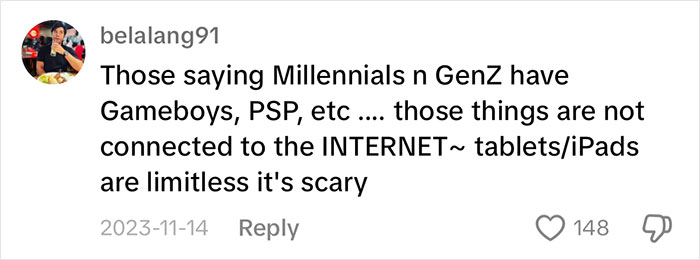 Comment discussing the dangers of iPad usage among children, comparing it to older gaming devices not linked to the Internet.