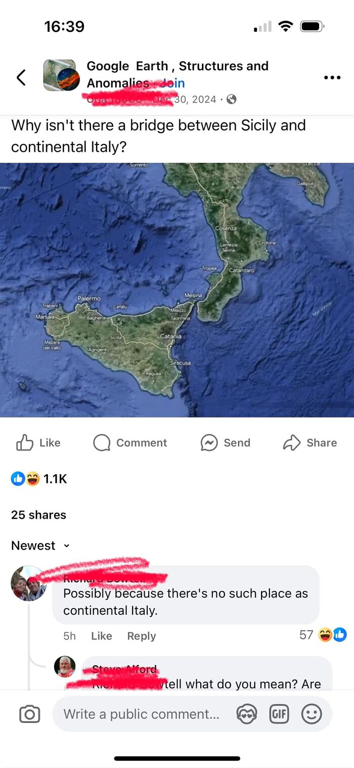 Facebook post showing a map and comments incorrectly correcting the existence of continental Italy.