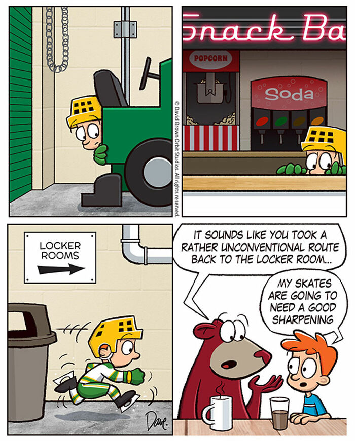 Cartoon of Planey Joey sneaking past a Zamboni, hiding in a snack bar, and being told by a bear about an unconventional locker room route.