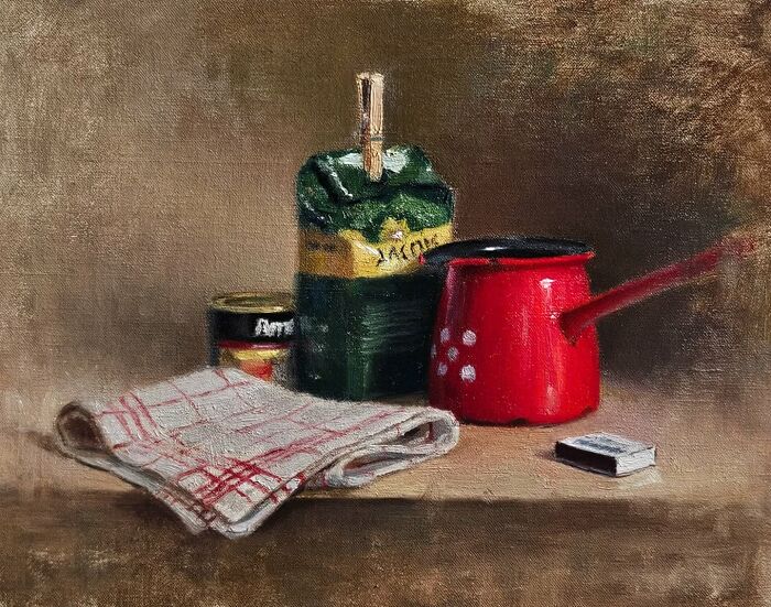 Oil painting depicting Eastern Europe's nostalgia with a red kettle, canned goods, and a tea towel on a rustic table.