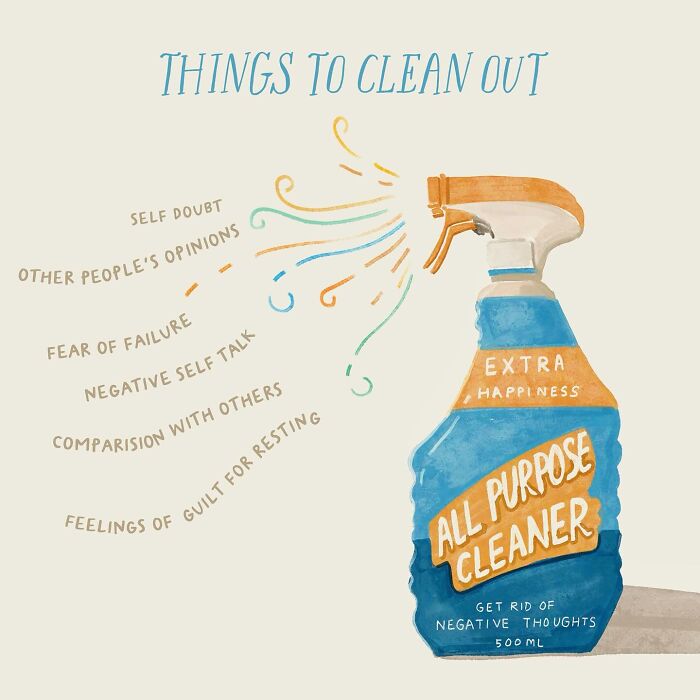 Illustration of a spray bottle labeled "All Purpose Cleaner" symbolizing mental wellness and positivity.