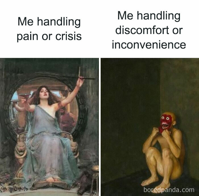 Classical painting memes illustrating mental health coping strategies: calm woman vs. anxious figure.